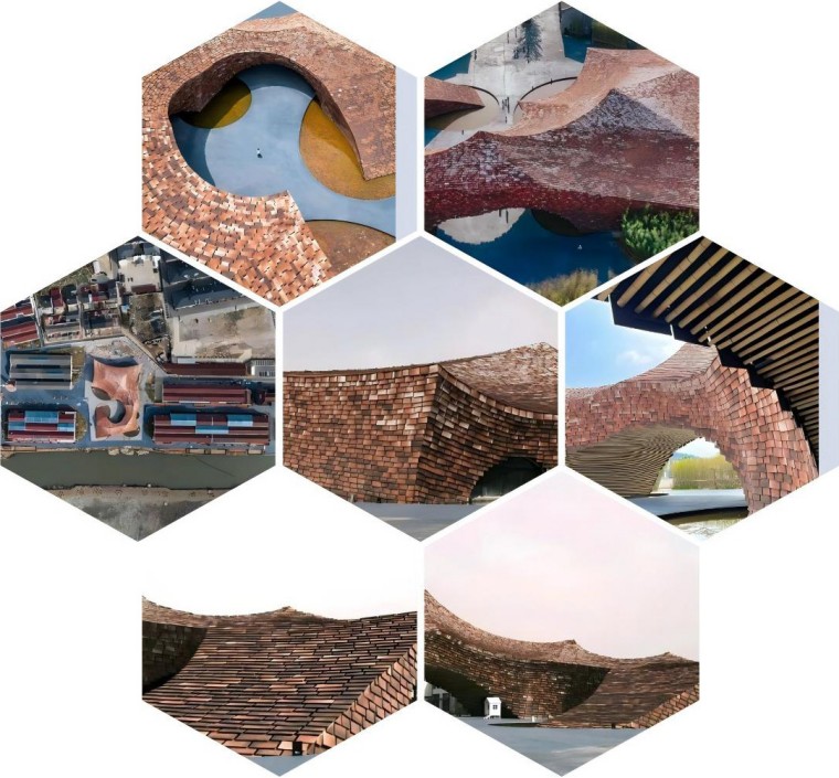 A collage of various exterior views of the UCCA Terracotta Art Museum, emphasizing the versatility and beauty of terracotta in modern architecture.