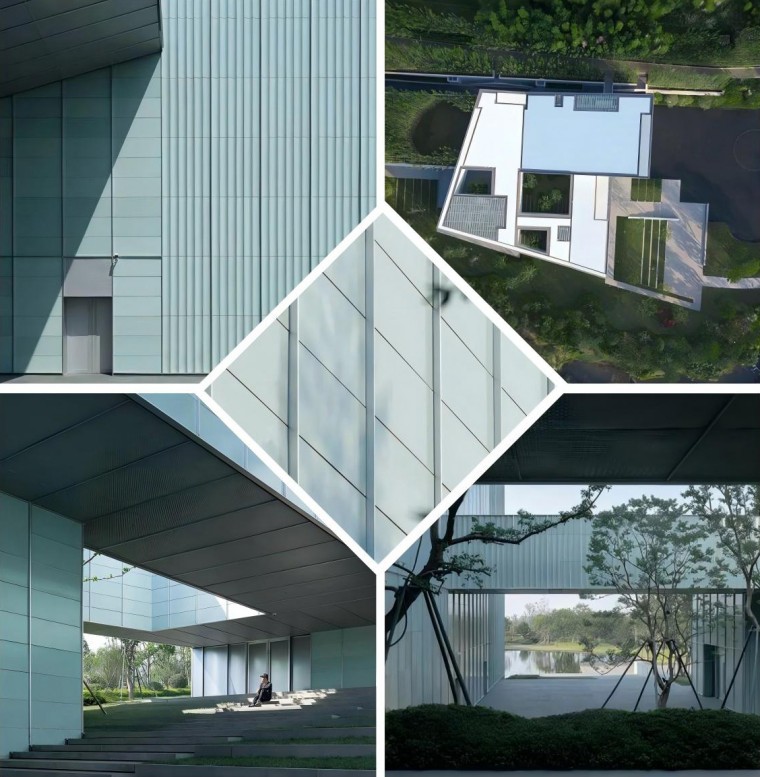 A collage showcasing different angles of the Yada Theatre, focusing on the terracotta panels and their contribution to the building’s overall design.
