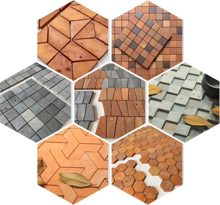 Terracotta mosaic tile wall showing shadow play and surface depth in minimal space