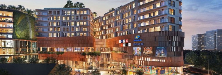 Daytime rendering of Tiến Bộ Plaza highlighting tri-tone terracotta facade and green terraces