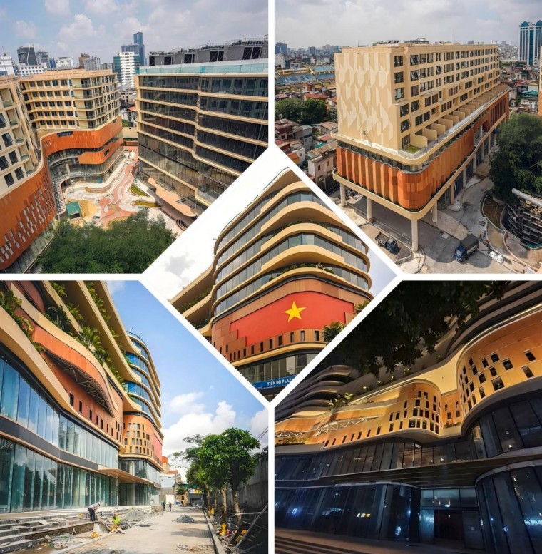 Collage of Tiến Bộ Plaza facade images emphasizing the rhythm of three red terracotta tones