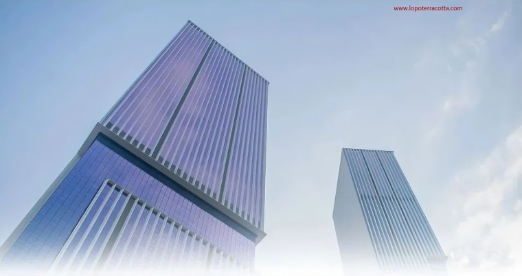 A technical upward perspective showing the tower’s uninterrupted vertical expression.