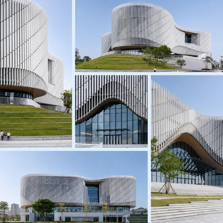 Detail collage of white vertical terracotta fins on Yangjiang Cultural Center facade