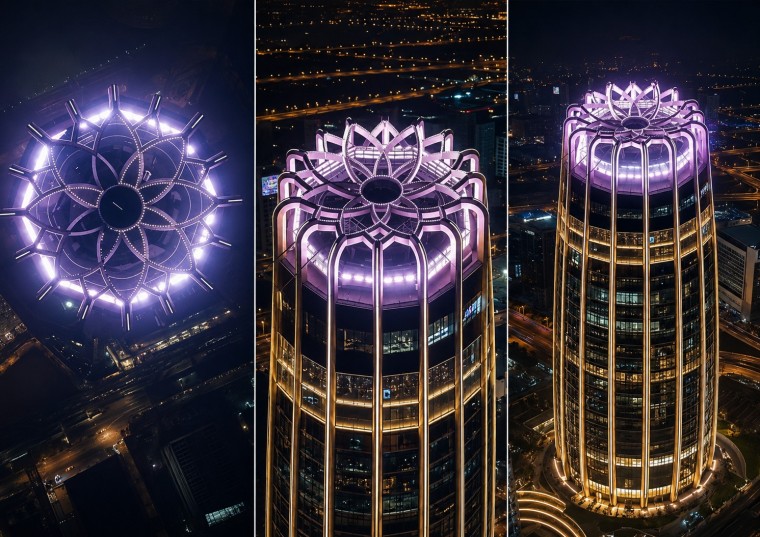 Night lighting of landmark tower envelope with illuminated crown and vertical facade rhythm