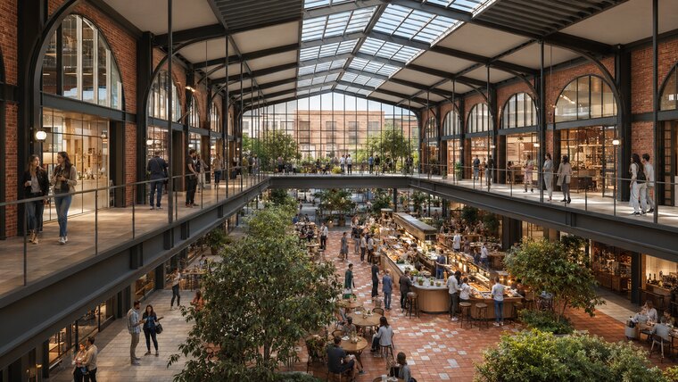 Brick and steel market interior continuing the arch facade language