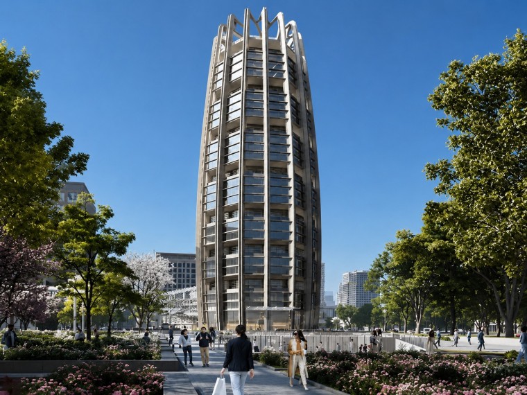 Green Building Envelope Design: Clay Sunscreen Fins for Modern Headquarters Architecture